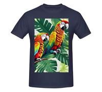 T-shirt da uomo in cotone con scollo rotondo con stampa tropicale con foglie di pappagallo - T-shirt grafica a maniche corte - Stile quotidiano nero, blu navy, 4XL