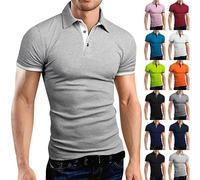 T-shirt da uomo polo da uomo in cotone con colletto a bottone, maniche corte, vestibilità aderente, maglietta di base dal design casual, grigio, M