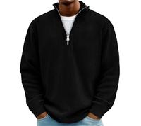 T-shirt da uomo semplice casual a costine colletto alla coreana cerniera manica lunga, sciolto semplice bavero a nido d'ape bottone manica lunga camicia, Nero , L