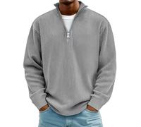 T-shirt da uomo semplice casual a costine colletto alla coreana cerniera manica lunga, sciolto semplice bavero a nido d'ape bottone manica lunga camicia, grigio, L