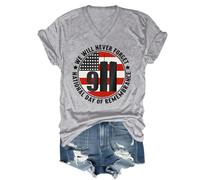T-shirt dell'11 settembre con scritta "We Will Never Forget", maglietta dell'11 settembre, festa nazionale della memoria da donna e uomo, Grigio (scollo a V), XL