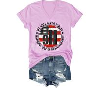 T-shirt dell'11 settembre con scritta "We Will Never Forget", maglietta dell'11 settembre, festa nazionale della memoria da donna e uomo, Rosa (scollo a V), 3XL