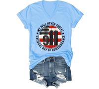 T-shirt dell'11 settembre con scritta "We Will Never Forget", maglietta dell'11 settembre, festa nazionale della memoria da donna e uomo, Blu Carolina (scollo a V), M