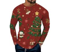 T-shirt di Natale per gli uomini UK Moda Lettera Ptinted Pullover Traspirante Alberi Manica Lunga Tshirt Oversize Nano Girocollo Streetwear, Rosso, L