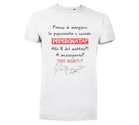 T-Shirt Divertente Aldo Giovanni e Giacomo con Stampa Finisco di Mangiare la Peperonata, Maglietta Umoristica in Italiano, Cotone Bianco (IT, Testo, L, XXL, Regular, Regular, Bianca)