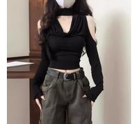 T-shirt donna alla moda tinta unita scollo a V manica lunga cropped colore nero