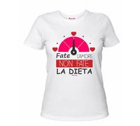 t-shirt donna bianca scritta fate l'amore non fate la dieta regalo san valentino