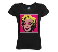 T-Shirt Donna Collo Rotondo Cotone Bio Andy Warhol Ritratto Marilyn Monroe Pin Up Rosa Pop Art, Nero , M