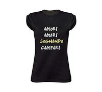 T-Shirt Donna Cotone Fiammato Scollo Ampio a Taglio Vivo - AMORI Amari Sognando Campari - Divertente Humor Made in Italy (L, Nera)