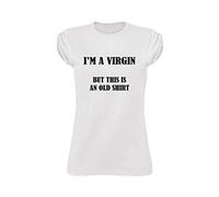 T-Shirt Donna Cotone Fiammato Scollo Ampio a Taglio Vivo - I'am a Virgin But This is an Old Shirt - Divertente Humor Made in Italy (Bianco, M)