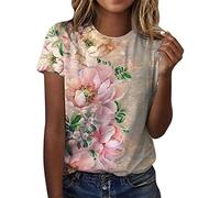 T Shirt Donna Estate Camicetta Top Vintage Fiori Stampa Manica Corta Maglietta Donna Casual Classic Girocollo Basic T-shirt Regular Fit Donna Top Girocollo Manica Corta Top Tee, A rosa., L