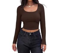 T-shirt donna leggera a costine collo quadrato manica lunga per stile estivo