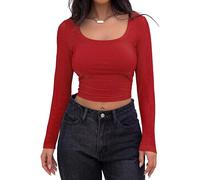 T-shirt donna leggera a costine collo quadrato manica lunga per stile estivo