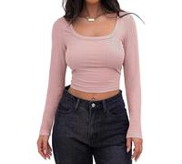 T-shirt donna leggera a costine collo quadrato manica lunga per stile estivo