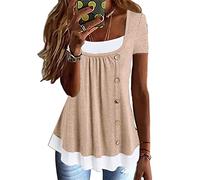 T Shirt Donna Manica Corta Particolari e Fantasia Maglia Bicolore Patchwork Color Block Camicia Plissettata Pullover con Bottoni Blusa Particolare Tunica Estiva Elegante Camicetta Top Moda Streetwear
