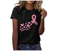 T-Shirt Donna Nera con Nastro Rosa e Grafica Consapevolezza Farfalla | La stampa sul petto combina un nastro rosa con una traccia di farfalle su una maglietta nera a maniche corte con scollo