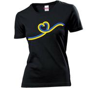 t-shirt donna nero disegno cuore giallo azzurro amore pace