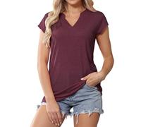 T Shirt Donna Scollo a V Magliette Manica Corta Sciolto Bluse Elegante Tuniche Cime Estive Canotta Donna Vino Rosso L