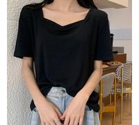T-shirt donna tinta unita collo quadrato manica corta vintage abbigliamento casu