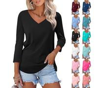 t-Shirt Donna,Women's V Neck 3/4 Sleeve Tops/Solid Shirts Basic Summer Tees Maglia Sportiva Maniche Lunghe (Black, L).