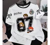 T-shirt estiva da donna casual, di moda, stile sportivo e universitario, con stampa divertente di personaggi e numeri dei cartoni animati, fiocco e righe a contrasto sulle spalle e maniche corte L,M,S