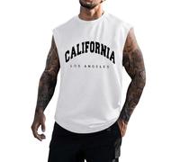 T-shirt estiva da uomo, senza maniche, per allenamento, traspirante, sportiva, girocollo, in cotone, tinta unita, con schiena a Y, stampa con lettere, vestibilità larga, senza maniche (bianco, L)
