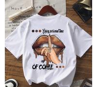 T-shirt estiva semplice e alla moda con stampa di labbra, gesto della mano e caffè, collo rotondo, maniche corte, versatile e adatta alle donne, colore bianco L,M,S,XL,XS,XXLFumetto,Grafico,LetterePol