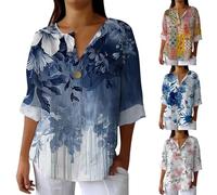 T-shirt Fantasia Donna 2025 Nuova, T-shirt Manica Lunga Donna Oversize, Maglietta Stampa Floreale Top Chic Personalizzato Abbigliamento con Pulsante Loungewear Maglietta Mezza Stagione T-shirt, blu