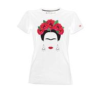 T-Shirt Frida Kahlo Ufficiale stilizzata con Rose Rosse e Orecchini - Maglietta Donna (Bianco, L)