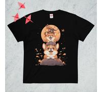 T-shirt giapponese Halloween Corgi cane tramonto nero stampa frontale cotone