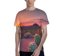 T-shirt girocollo a maniche corte con stampa di cactus deserto tramonto alla moda casual estate comoda uso quotidiano, Nero , 3XL