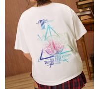 T-shirt girocollo a maniche corte con stampa di lettere e grafiche, adatta per l'estate, tutta bianca con grafica Doni della Morte, adatta per l'estate, per le donne, per l'estate europea, per la Pasq