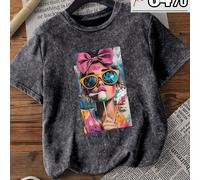 T-shirt girocollo a maniche corte in cotone regular con lavaggio effetto neve, stile semplice e vintage con stampa "Cool Girl", adatta per l'abbigliamento casual delle donne in primavera, estate e aut