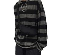 T-shirt girocollo a righe a maniche lunghe Alt Pullover Emo camicia punk giapponese Harajuku Streetwear, Grigio, XX-Large