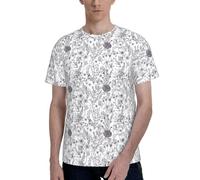 T-shirt girocollo da uomo a maniche corte con stampa di erbe e piante erbacee fiorite, elegante, casual, estate, varie occasioni da indossare, Nero , XL
