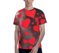 T-shirt girocollo da uomo a maniche corte con stampa di fuochi d'artificio con cuori rossi, elegante, casual, estate, varie occasioni, Nero , L
