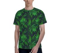 T-shirt girocollo da uomo a maniche corte con stampa di piante tropicali verdi, elegante, casual, estiva, varie occasioni, Nero , S
