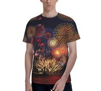 T-shirt girocollo da uomo con stampa fuochi d'artificio a maniche corte, elegante, casual, estiva, varie occasioni, Nero , L