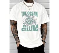 T-shirt girocollo in cotone da uomo, t-shirt bianca con stampa di tartarughe marine e scritta "The Ocean is Calling" per gli amanti della spiaggia e della natura, versatile top da uomo per la primaver