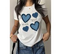 T-shirt grafica carina da donna: maglietta bianca con effetto jeans, design con cuori, amore e speranza, magliette grafiche adatte per il ritorno a scuola, leggermente trasparente L,M,S,XL,XS,XXL,XXS,