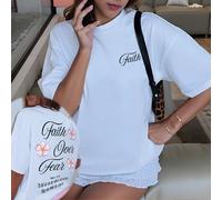 T-shirt grafica casual e ampia da donna con stampa di lettere "La fede supera la paura" e fiori, perfetta per vacanze estive, rientro a scuola, adatta anche a taglie forti 0XL,1XL,2XL,3XL,4XLGeometric