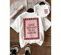 T-shirt grafica da donna "L'amore in realtà è ovunque", manica corta, collo rotondo, tessuto ad alta elasticità, lunghezza regolare per uso casual, colore bianco L,M,S,XLGeometrico,LettereTessuto