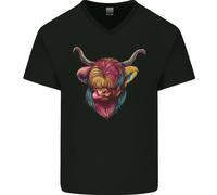 T-Shirt In Cotone A V Collo Con Mucca Highland Colorata Da Uomo
