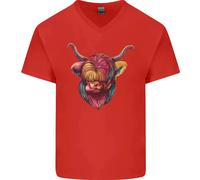 T-Shirt In Cotone A V Collo Con Mucca Highland Colorata Da Uomo