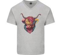 T-Shirt In Cotone A V Collo Con Mucca Highland Colorata Da Uomo