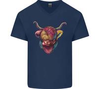 T-Shirt In Cotone A V Collo Con Mucca Highland Colorata Da Uomo