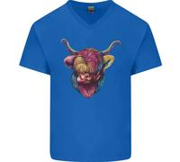 T-Shirt In Cotone A V Collo Con Mucca Highland Colorata Da Uomo