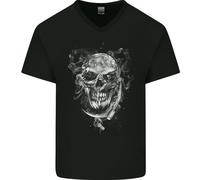 T-Shirt In Cotone Con Collo A V Per Uomo Teschio Grim Reaper Morte Biker Moto