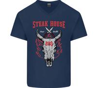 T-Shirt In Cotone Da Uomo Con Collo A V Con Testa Di Mucca Da BBQ Steak House