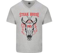 T-Shirt In Cotone Da Uomo Con Collo A V Con Testa Di Mucca Da BBQ Steak House